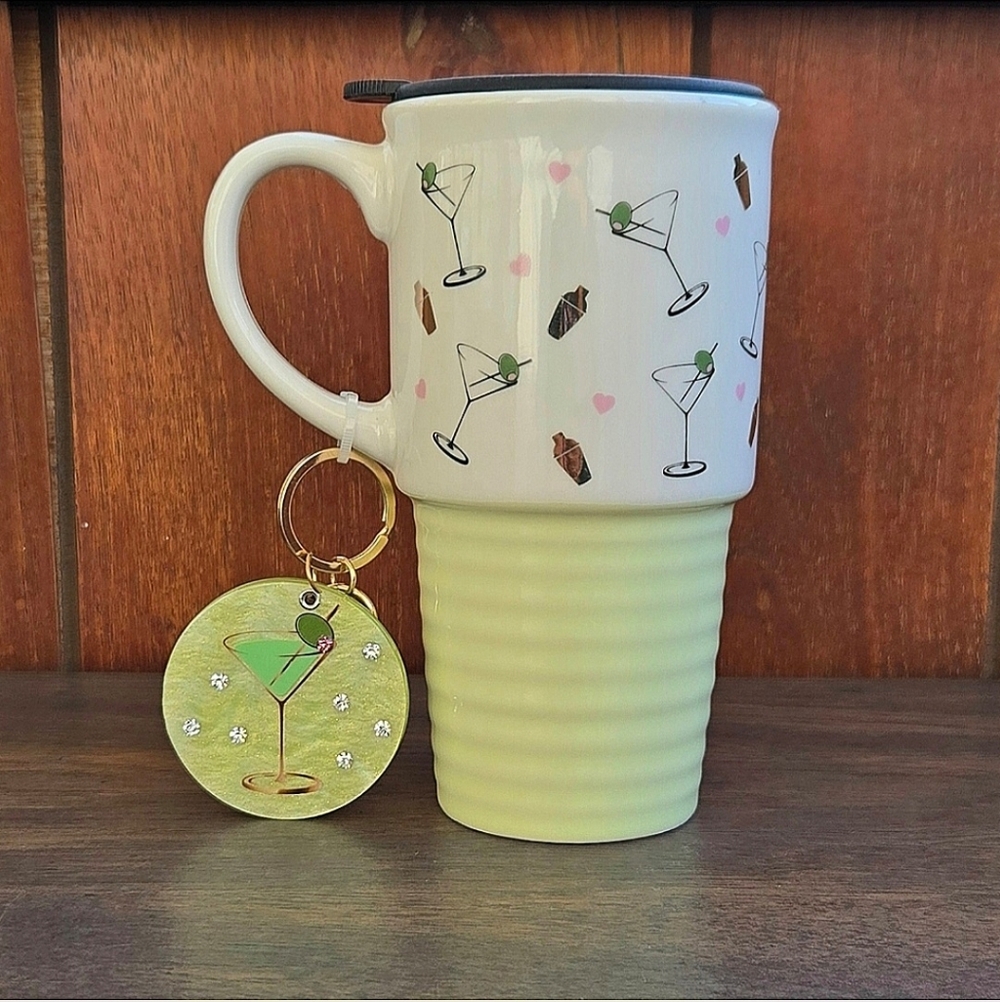 Martini Pattern 20 oz. Stoneware Tumbler With Keychain/Bag Charm - NWOT
